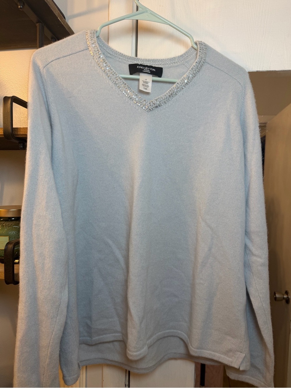 Jones New York Cashmere Powder Blue V-Neck Sweater with Beaded Neckline